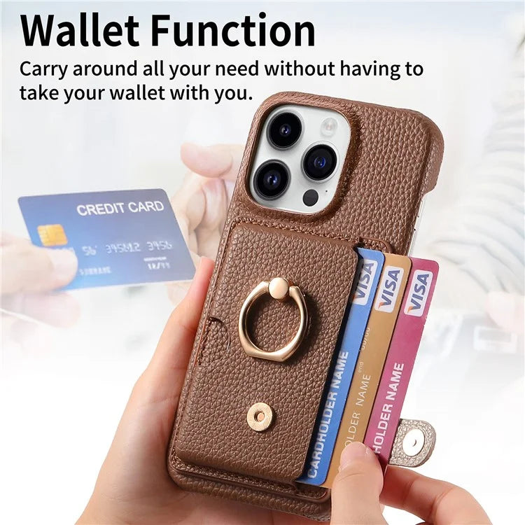 Y2 For iPhone 16 Pro Max Case Ring Holder Kickstand Card Slot Leather Phone Back Cover