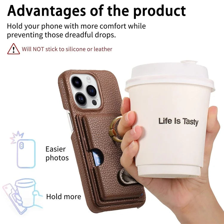 Y2 For iPhone 16 Pro Max Case Ring Holder Kickstand Card Slot Leather Phone Back Cover