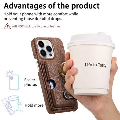 Y2 For iPhone 16 Pro Max Case Ring Holder Kickstand Card Slot Leather Phone Back Cover