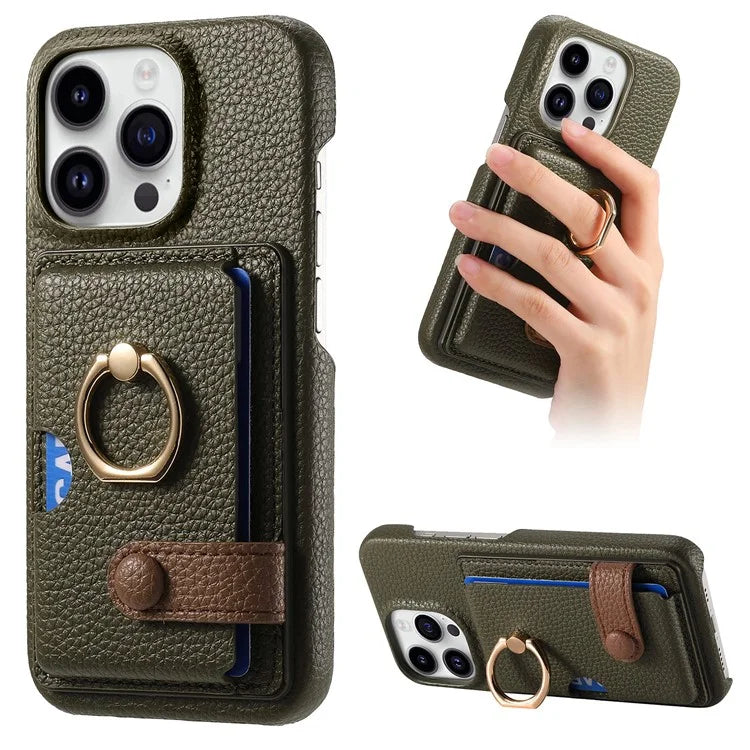 Y2 For iPhone 16 Pro Max Case Ring Holder Kickstand Card Slot Leather Phone Back Cover