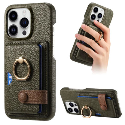 Y2 For iPhone 16 Pro Max Case Ring Holder Kickstand Card Slot Leather Phone Back Cover