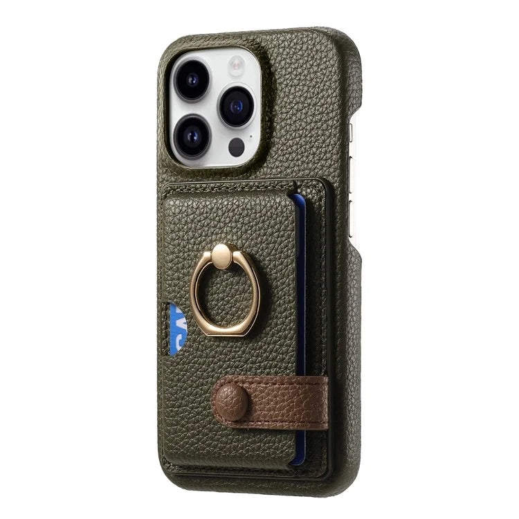 Y2 For iPhone 16 Pro Max Case Ring Holder Kickstand Card Slot Leather Phone Back Cover