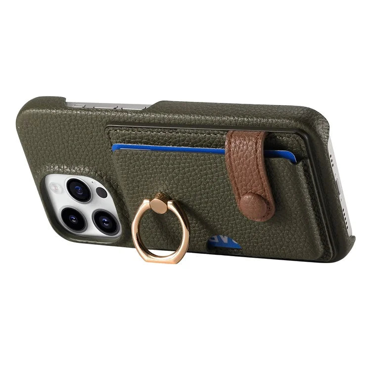Y2 For iPhone 16 Pro Max Case Ring Holder Kickstand Card Slot Leather Phone Back Cover