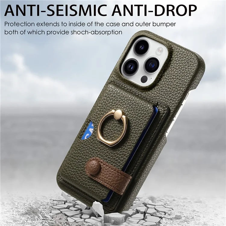 Y2 For iPhone 16 Pro Max Case Ring Holder Kickstand Card Slot Leather Phone Back Cover