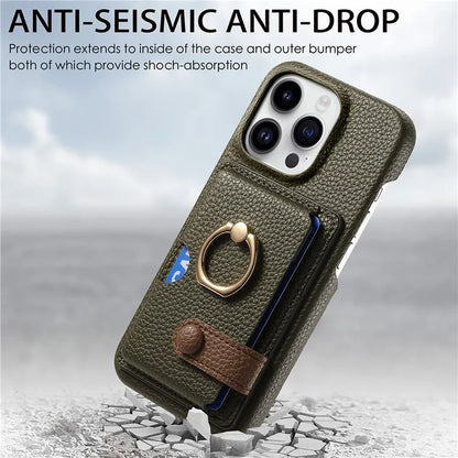 Y2 For iPhone 16 Pro Max Case Ring Holder Kickstand Card Slot Leather Phone Back Cover