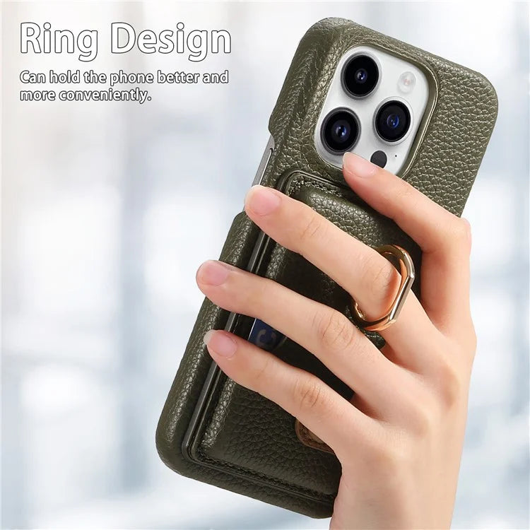Y2 For iPhone 16 Pro Max Case Ring Holder Kickstand Card Slot Leather Phone Back Cover