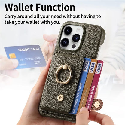 Y2 For iPhone 16 Pro Max Case Ring Holder Kickstand Card Slot Leather Phone Back Cover