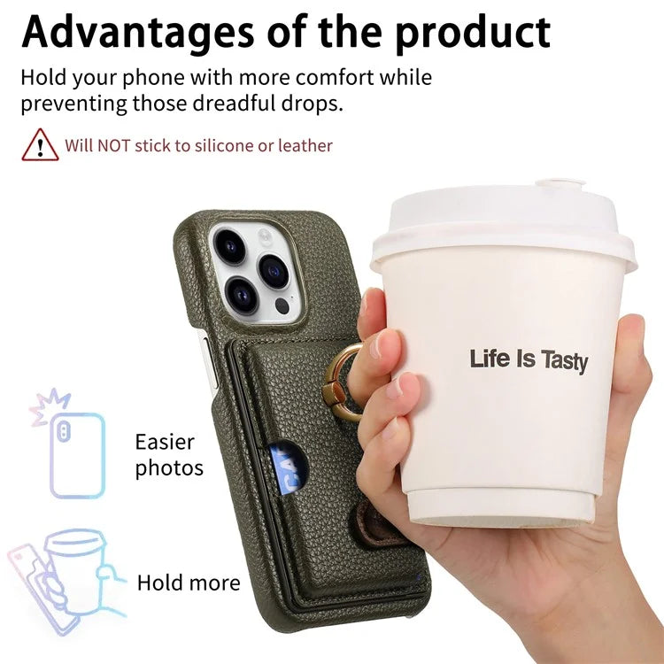Y2 For iPhone 16 Pro Max Case Ring Holder Kickstand Card Slot Leather Phone Back Cover