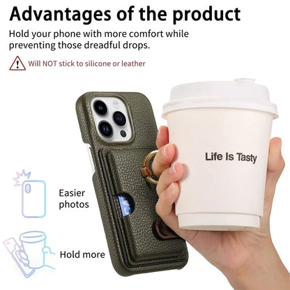 Y2 For iPhone 16 Pro Max Case Ring Holder Kickstand Card Slot Leather Phone Back Cover