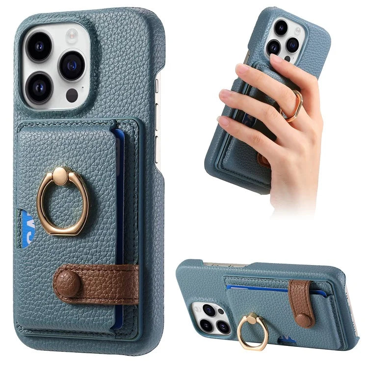 Y2 For iPhone 16 Pro Max Case Ring Holder Kickstand Card Slot Leather Phone Back Cover