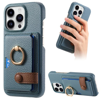 Y2 For iPhone 16 Pro Max Case Ring Holder Kickstand Card Slot Leather Phone Back Cover