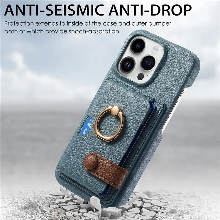 Y2 For iPhone 16 Pro Max Case Ring Holder Kickstand Card Slot Leather Phone Back Cover