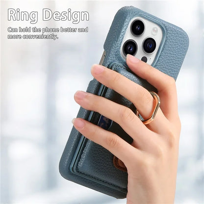 Y2 For iPhone 16 Pro Max Case Ring Holder Kickstand Card Slot Leather Phone Back Cover