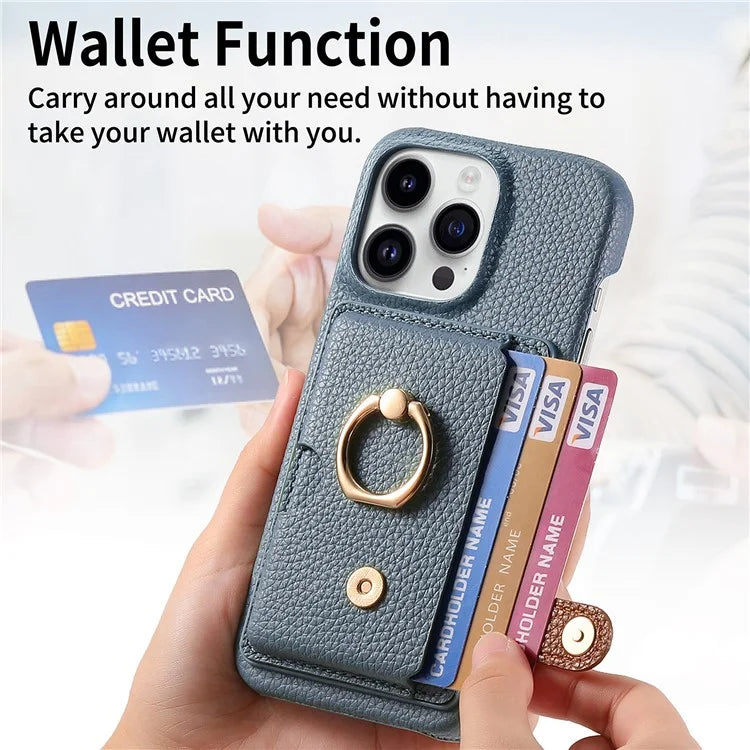 Y2 For iPhone 16 Pro Max Case Ring Holder Kickstand Card Slot Leather Phone Back Cover