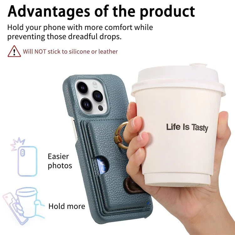 Y2 For iPhone 16 Pro Max Case Ring Holder Kickstand Card Slot Leather Phone Back Cover