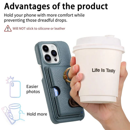Y2 For iPhone 16 Pro Max Case Ring Holder Kickstand Card Slot Leather Phone Back Cover