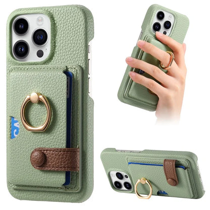 Y2 For iPhone 16 Pro Max Case Ring Holder Kickstand Card Slot Leather Phone Back Cover