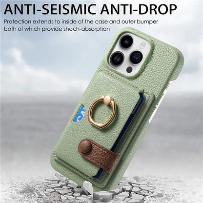 Y2 For iPhone 16 Pro Max Case Ring Holder Kickstand Card Slot Leather Phone Back Cover
