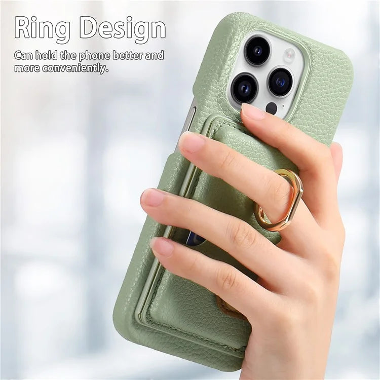Y2 For iPhone 16 Pro Max Case Ring Holder Kickstand Card Slot Leather Phone Back Cover