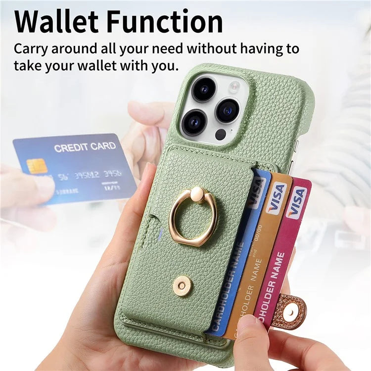 Y2 For iPhone 16 Pro Max Case Ring Holder Kickstand Card Slot Leather Phone Back Cover