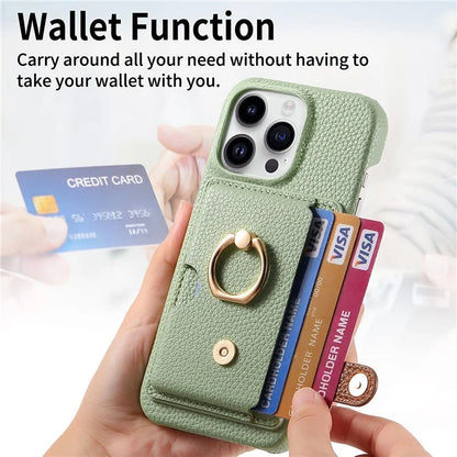 Y2 For iPhone 16 Pro Max Case Ring Holder Kickstand Card Slot Leather Phone Back Cover