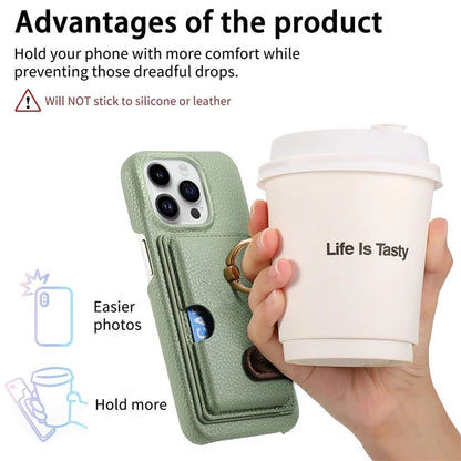 Y2 For iPhone 16 Pro Max Case Ring Holder Kickstand Card Slot Leather Phone Back Cover