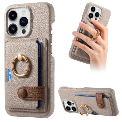 Y2 For iPhone 16 Pro Max Case Ring Holder Kickstand Card Slot Leather Phone Back Cover