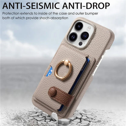 Y2 For iPhone 16 Pro Max Case Ring Holder Kickstand Card Slot Leather Phone Back Cover