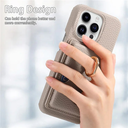 Y2 For iPhone 16 Pro Max Case Ring Holder Kickstand Card Slot Leather Phone Back Cover