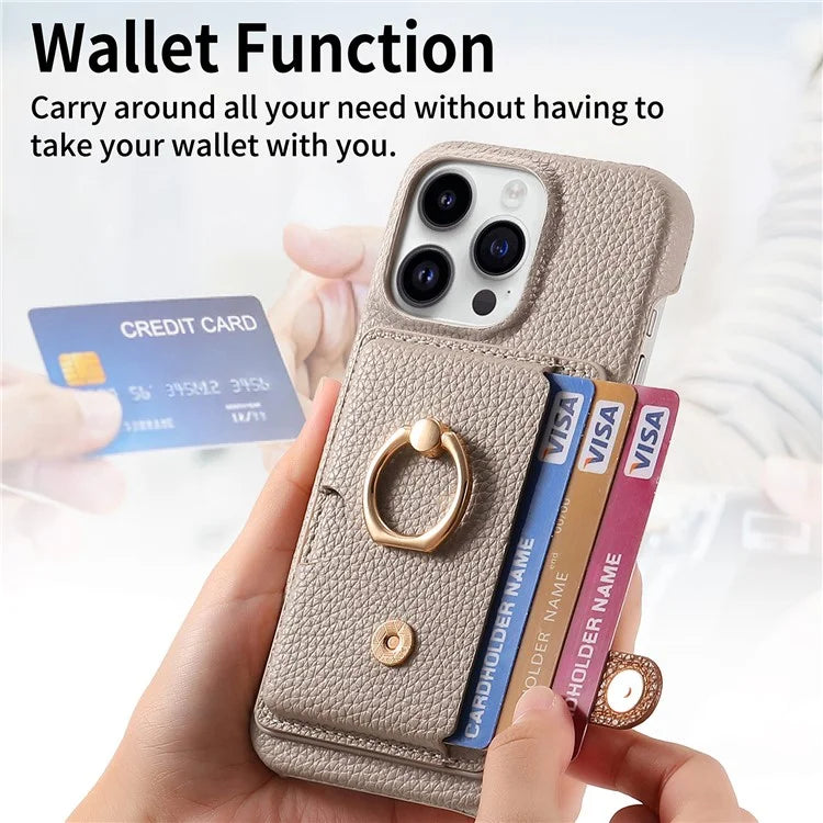Y2 For iPhone 16 Pro Max Case Ring Holder Kickstand Card Slot Leather Phone Back Cover