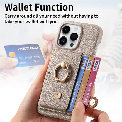 Y2 For iPhone 16 Pro Max Case Ring Holder Kickstand Card Slot Leather Phone Back Cover