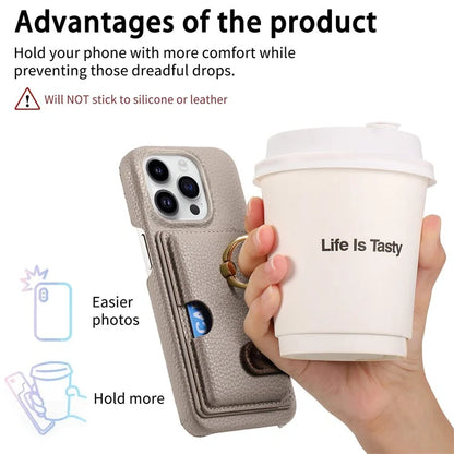 Y2 For iPhone 16 Pro Max Case Ring Holder Kickstand Card Slot Leather Phone Back Cover