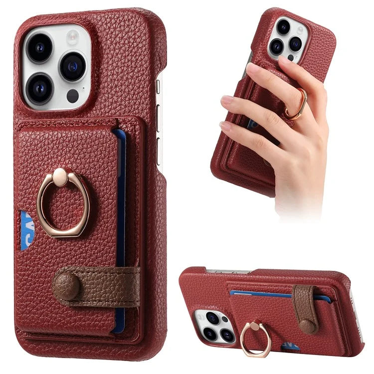 Y2 For iPhone 16 Pro Max Case Ring Holder Kickstand Card Slot Leather Phone Back Cover