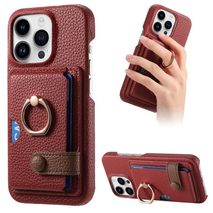 Y2 For iPhone 16 Pro Max Case Ring Holder Kickstand Card Slot Leather Phone Back Cover