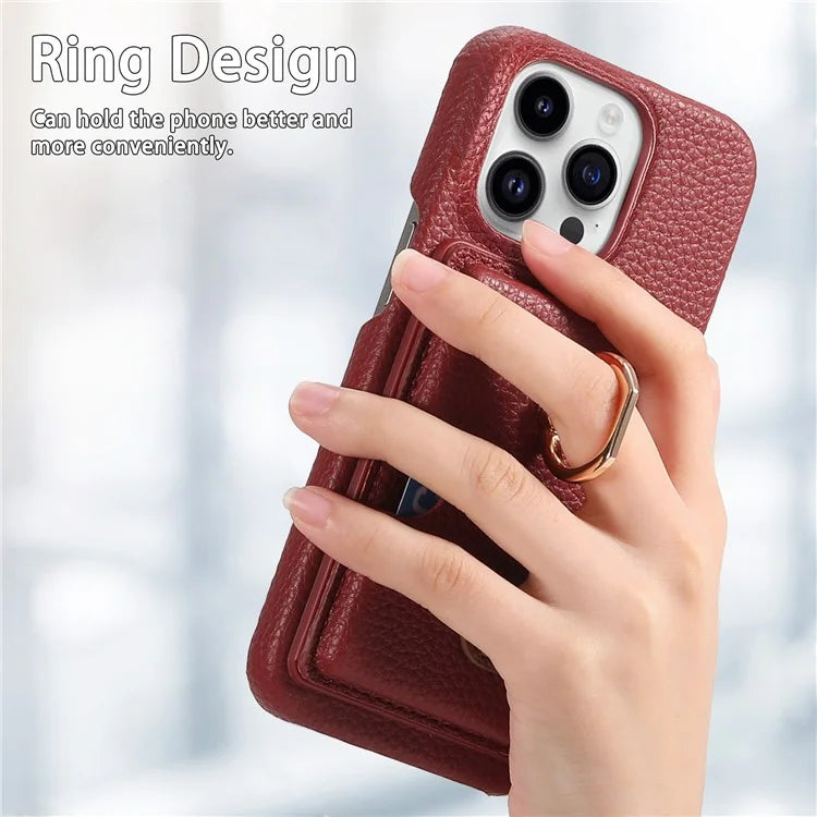 Y2 For iPhone 16 Pro Max Case Ring Holder Kickstand Card Slot Leather Phone Back Cover