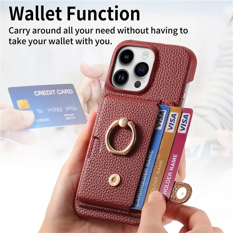 Y2 For iPhone 16 Pro Max Case Ring Holder Kickstand Card Slot Leather Phone Back Cover