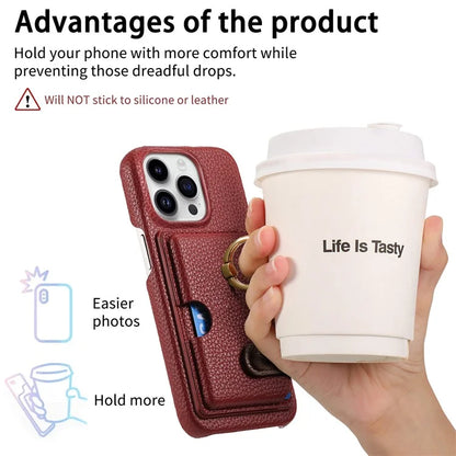 Y2 For iPhone 16 Pro Max Case Ring Holder Kickstand Card Slot Leather Phone Back Cover