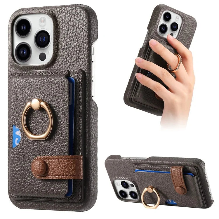 Y2 For iPhone 16 Pro Max Case Ring Holder Kickstand Card Slot Leather Phone Back Cover