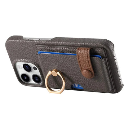 Y2 For iPhone 16 Pro Max Case Ring Holder Kickstand Card Slot Leather Phone Back Cover