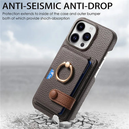 Y2 For iPhone 16 Pro Max Case Ring Holder Kickstand Card Slot Leather Phone Back Cover