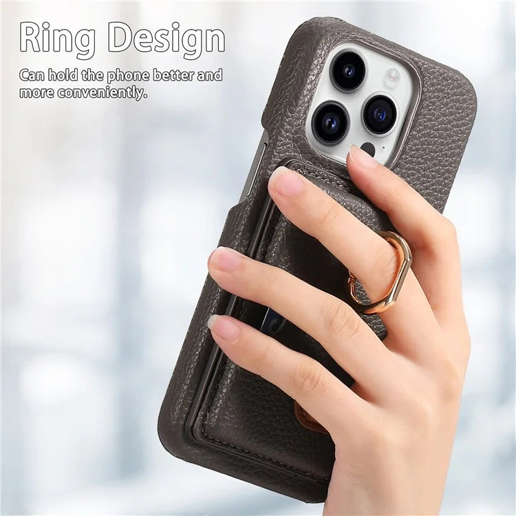 Y2 For iPhone 16 Pro Max Case Ring Holder Kickstand Card Slot Leather Phone Back Cover