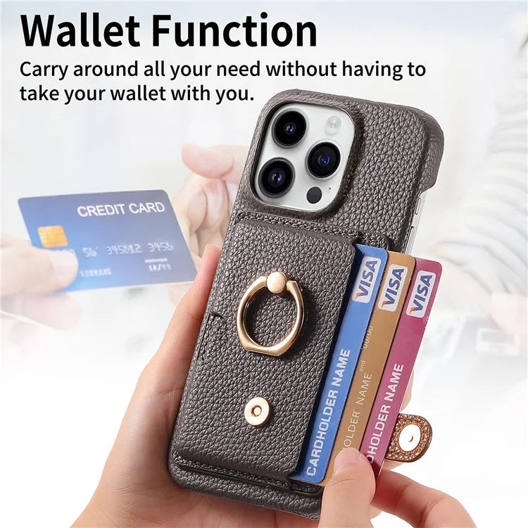 Y2 For iPhone 16 Pro Max Case Ring Holder Kickstand Card Slot Leather Phone Back Cover