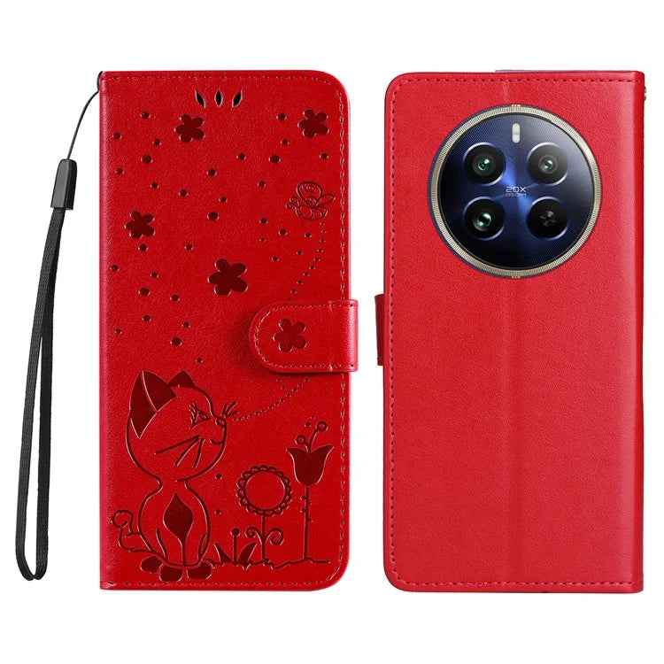 KT Imprinting Flower Series-4 For Realme 13 Pro 5G / 13 Pro+ 5G / P1 Pro 5G / 12 Pro 5G / 12 Pro+ 5G Case Cat Bee Pattern Leather Phone Cover