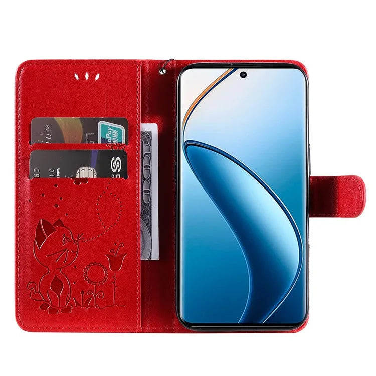KT Imprinting Flower Series-4 For Realme 13 Pro 5G / 13 Pro+ 5G / P1 Pro 5G / 12 Pro 5G / 12 Pro+ 5G Case Cat Bee Pattern Leather Phone Cover
