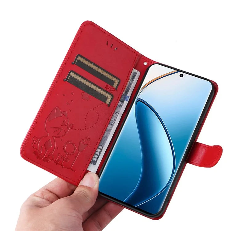 KT Imprinting Flower Series-4 For Realme 13 Pro 5G / 13 Pro+ 5G / P1 Pro 5G / 12 Pro 5G / 12 Pro+ 5G Case Cat Bee Pattern Leather Phone Cover