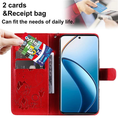 KT Imprinting Flower Series-4 For Realme 13 Pro 5G / 13 Pro+ 5G / P1 Pro 5G / 12 Pro 5G / 12 Pro+ 5G Case Cat Bee Pattern Leather Phone Cover