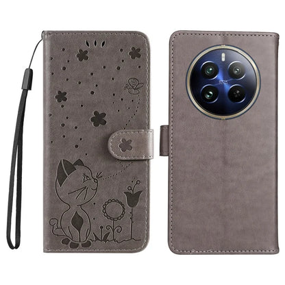 KT Imprinting Flower Series-4 For Realme 13 Pro 5G / 13 Pro+ 5G / P1 Pro 5G / 12 Pro 5G / 12 Pro+ 5G Case Cat Bee Pattern Leather Phone Cover