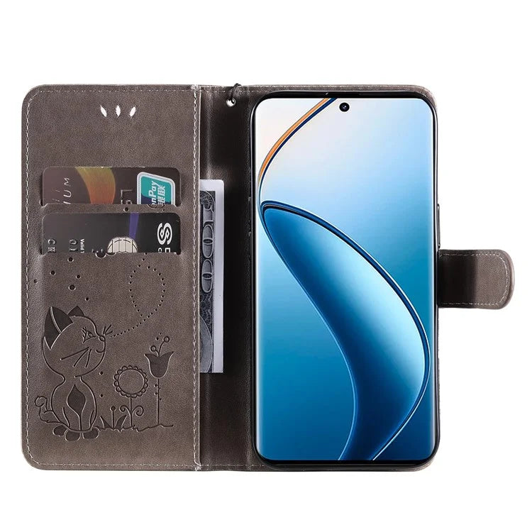 KT Imprinting Flower Series-4 For Realme 13 Pro 5G / 13 Pro+ 5G / P1 Pro 5G / 12 Pro 5G / 12 Pro+ 5G Case Cat Bee Pattern Leather Phone Cover