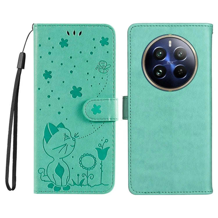 KT Imprinting Flower Series-4 For Realme 13 Pro 5G / 13 Pro+ 5G / P1 Pro 5G / 12 Pro 5G / 12 Pro+ 5G Case Cat Bee Pattern Leather Phone Cover