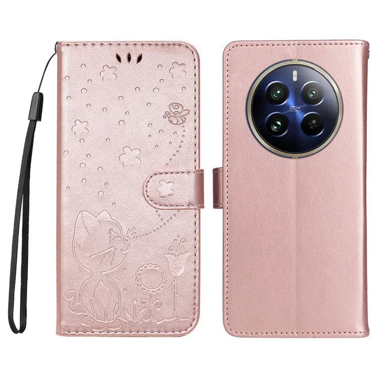 KT Imprinting Flower Series-4 For Realme 13 Pro 5G / 13 Pro+ 5G / P1 Pro 5G / 12 Pro 5G / 12 Pro+ 5G Case Cat Bee Pattern Leather Phone Cover